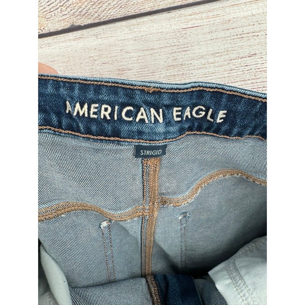 American Eagle Mom Jean Womens 14 Long Blue High Rise Strigid Raw Hem Distressed - Picture 4 of 9